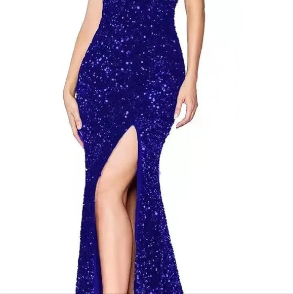 Lindo Noiva Sequin Dress Long Mermaid Bridesmaid Dresses Slit Formal Royal Blue - Picture 2 of 2